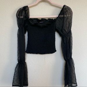 Black sheer shirred crop top w puff sleeves